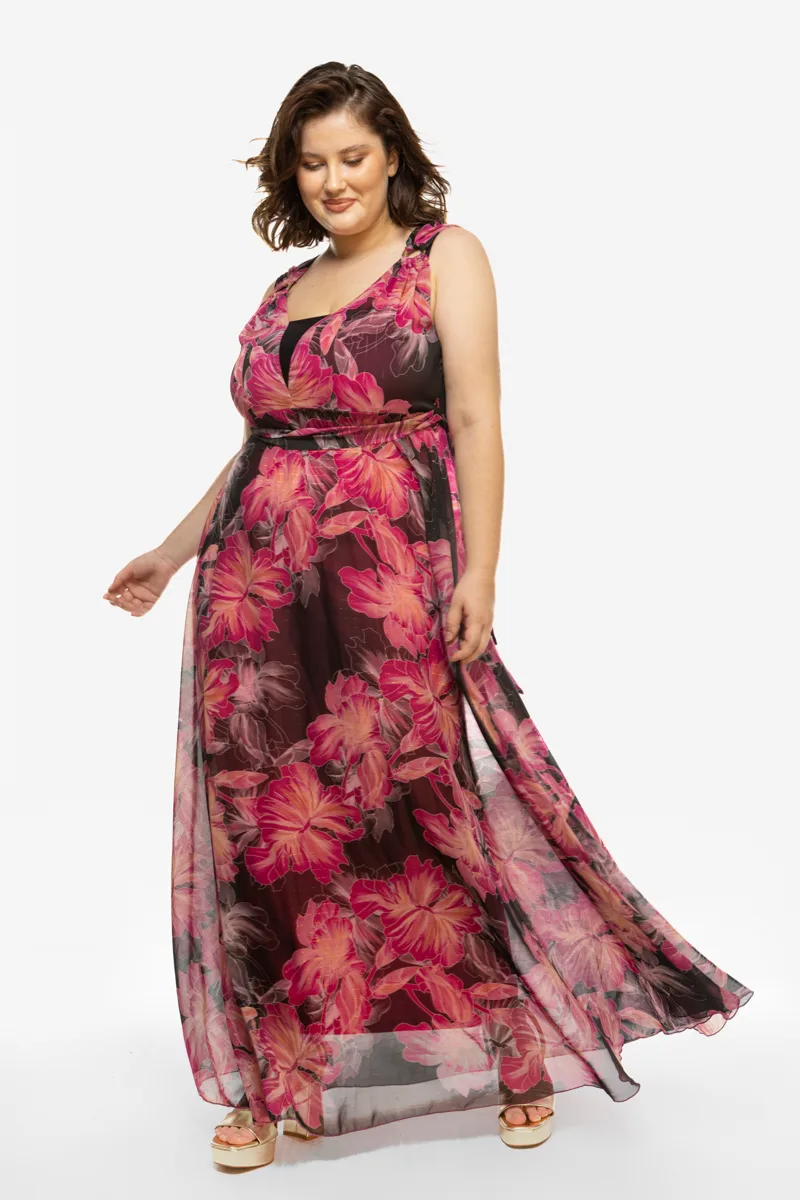 Maxi floral φόρεμα με κρίκους σε μαύρο/φουξ χρώμα