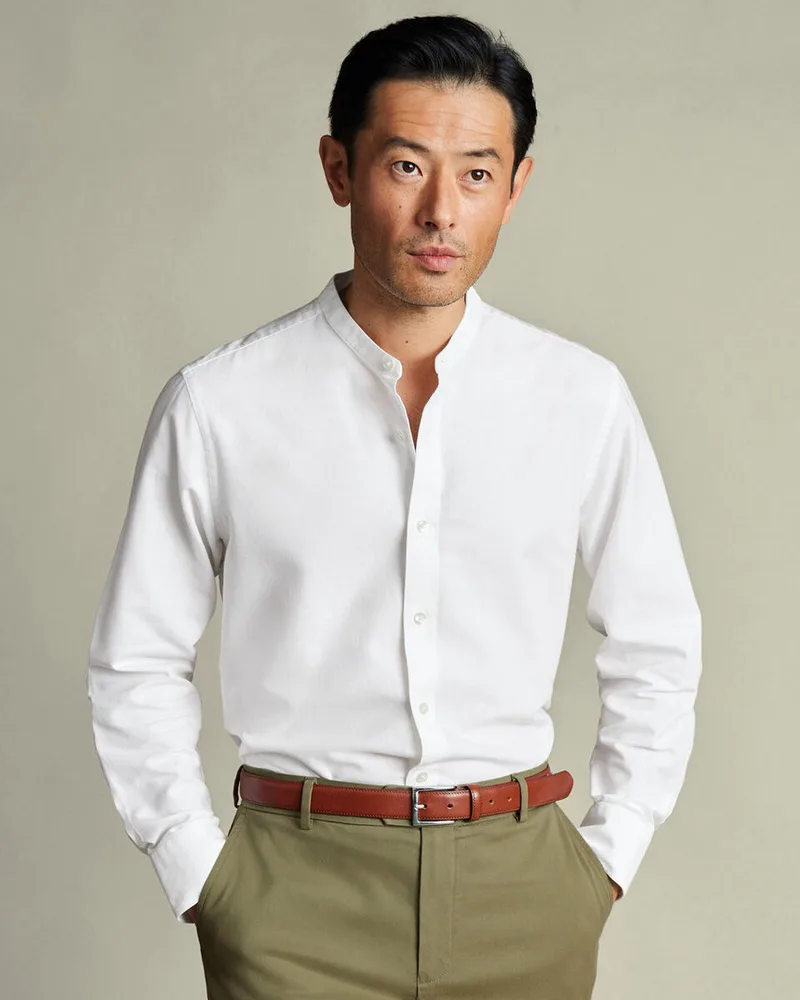 Charles Tyrwhitt Ανδρικό Πουκάμισο από Βαμβάκι και Λινό χωρίς Γιακά Slim Fit σε Λευκό