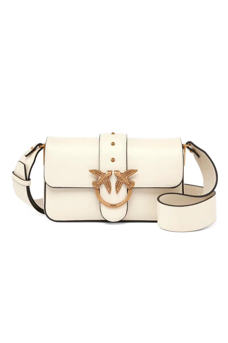 PINKO ΤΣΑΝΤΑ ΔΕΡΜΑ LOVΕ ONE MINI SLOUCHY FL VITELLO MORBIDO ΛΕΥΚΟ-ANTIQUE GOLD