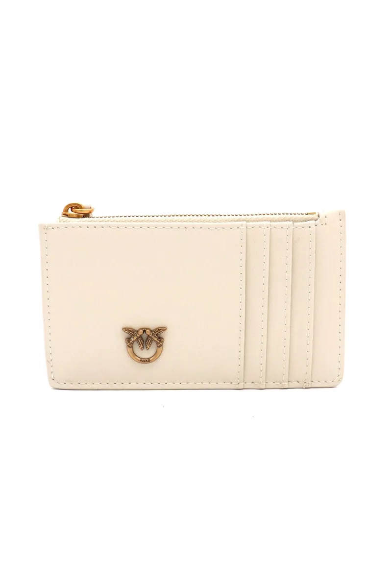 PINKO ΘΗΚΗ ΓΙΑ ΚΑΡΤΕΣ AIRONE CARDHOLDER VITELLO SETA ΛΕΥΚΟ-ANTIQUE GOLD