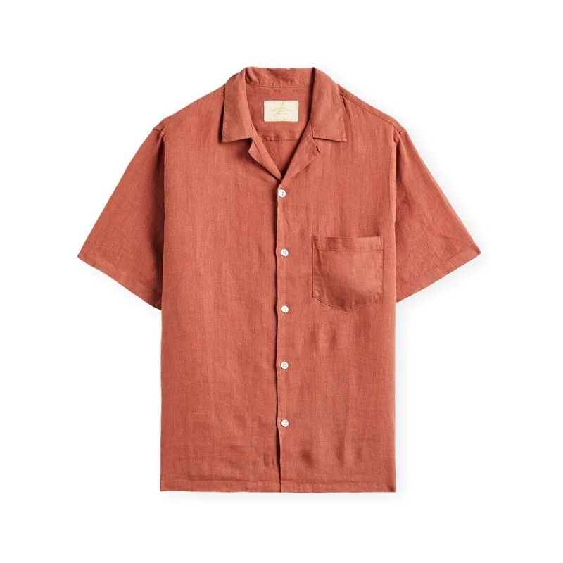 Πουκάμισο με κοντά μανίκια Portuguese Flannel Linen Camp Collar Shirt - Terracota