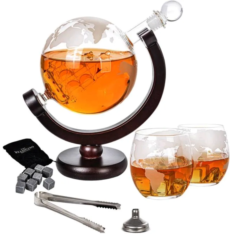 Γυάλινο Σετ Ποτού MikaMax Globe Decanter Set σε Σχήμα Υδρογείου με 1 x Καράφα Σερβιρίσματος με Πώμα / 2 x Ποτήρια / 1 x Λαβίδα / 1 x Χωνί / 9 x Πέτρες Ουίσκι (8719481354619)