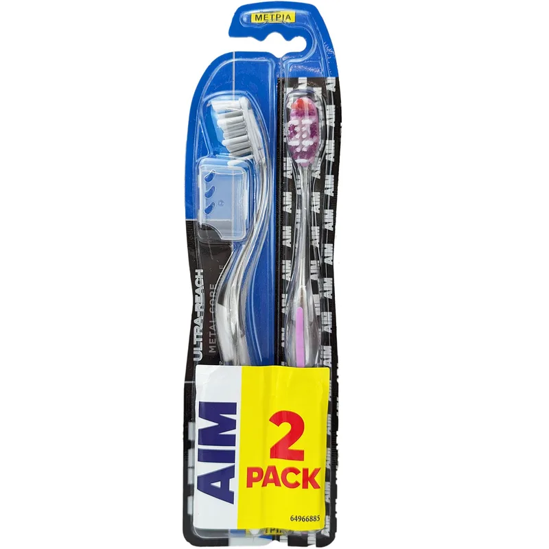 AIM Promo Ultra Reach Metal Core Medium Toothbrush Οδοντόβουρτσα με Συμπαγή Κεφαλή, Μακρύ Λαιμό & Μέτριας Σκληρότητας Ίνες για Βαθύ Καθαρισμό & στα Δύσκολα Σημεία 2 Τεμάχια - Ροζ / Γκρι