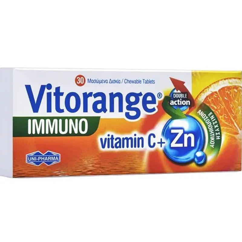 Uni-Pharma Vitorange Immuno Vitamin C + Zinc Συμπλήρωμα Διατροφής με Βιταμίνη C & Ψευδάργυρο για Ενίσχυση του Ανοσοποιητικού & Αντιμετώπιση Εποχικών Λοιμώξεων με Γεύση Πορτοκάλι 30 Chew.tabs