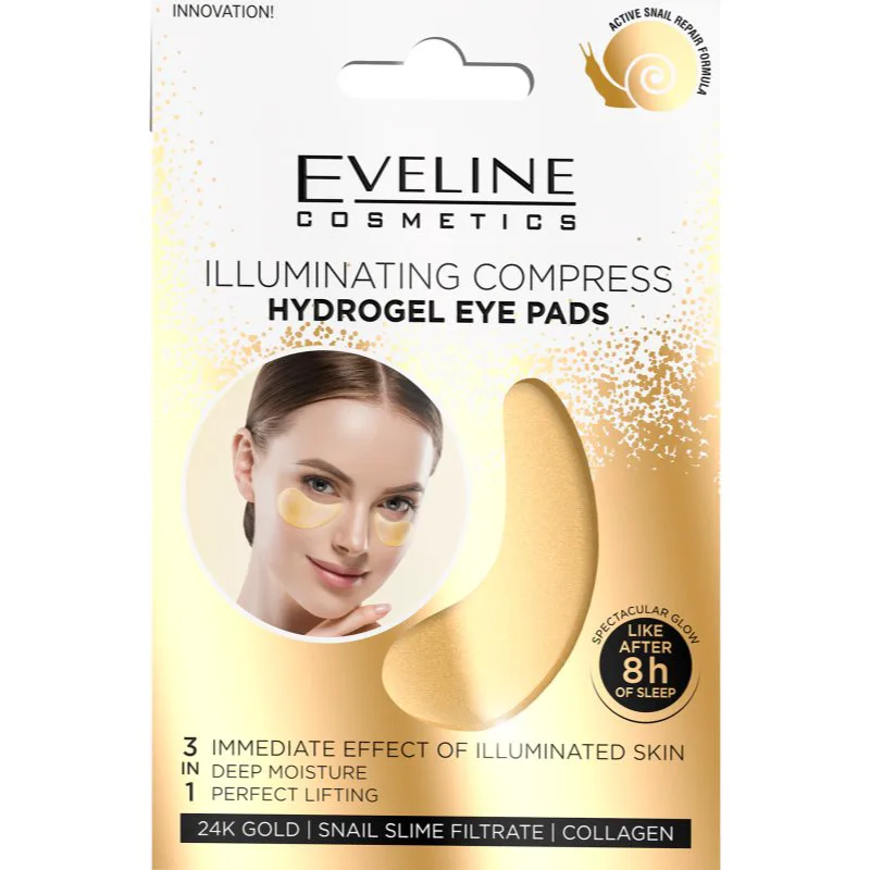 Eveline Cosmetics Χρυσό Illuminating Compress μάσκα υδρογέλης για γύρω από τα μάτια με εκχύλισμα σαλιγκαριών 2 τμχ