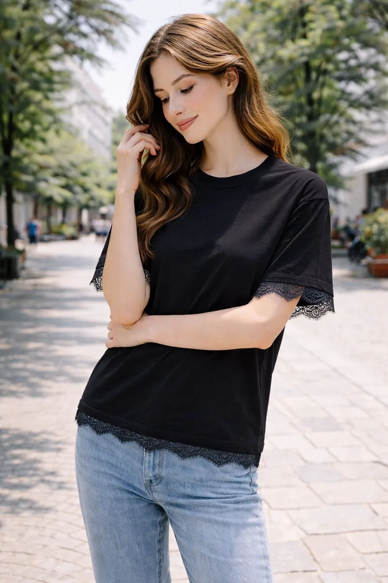 Μπλούζα Γυναικεία Με Δαντέλα Στα Μανίκια – Basic Chic Top Σε Μαύρο | Dress Up Μαύρο