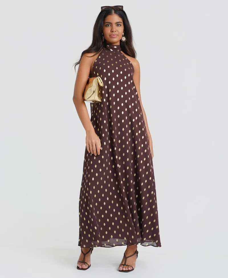 Dark Brown Foil Halter Midaxi Dress | Size: 16
