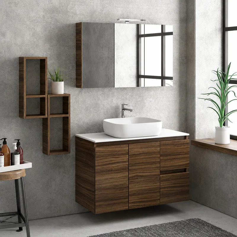 Έπιπλο με 2 Ντουλάπια & 2 Συρτάρια Arizona Noce Lirico με Top White Solid Surface (100x45.5cm) (Έπιπλο με Νιπτήρα + Ράφι)