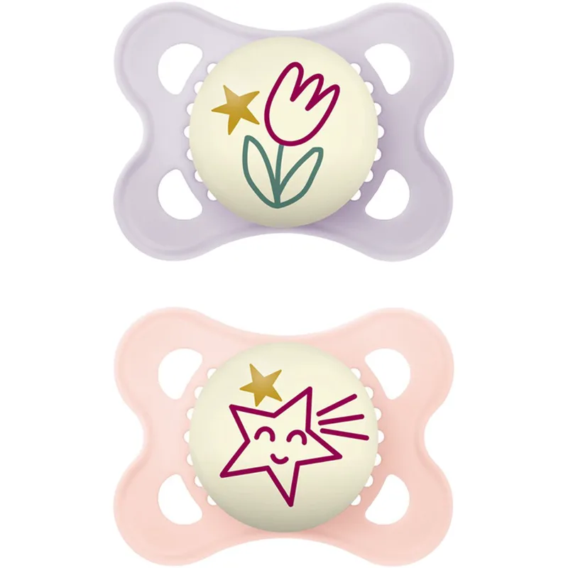 Mam Original Night Silicone Soother 2-6m Ορθοδοντική Πιπίλα Σιλικόνης που Λάμπει στο Σκοτάδι με Θήκη Μεταφοράς 2 Τεμάχια, Κωδ 110SGc - Λιλά / Ροζ