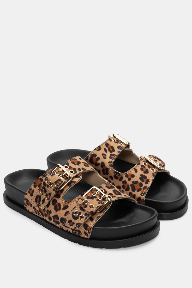 Σανδάλια Flatfrom με Διπλές Τόκες - Animal Print