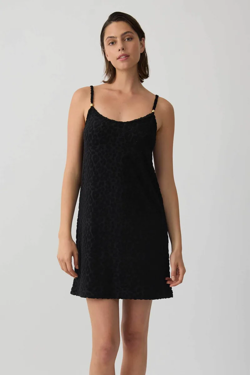 Minerva γυναικείο mini φόρεμα αμάνικο πετσετέ με leopard pattern - 90-53341-002-045 Μαύρο
