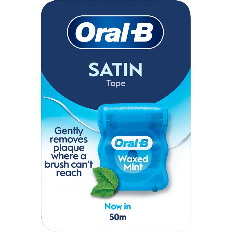 Oral-B Satin Tape Κερωμένο Οδοντικό Νήμα με Μεταξένια Υφή για μια Απαλή & Άνετη Εμπειρία Καθαρισμού & Γεύση Μέντας 50m