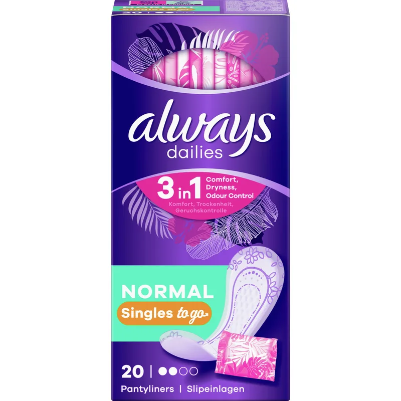 Always Dailies Normal Singles to Go Σερβιετάκια Κανονικού Μεγέθους για Άνεση & Φρεσκάδα 20 Τεμάχια