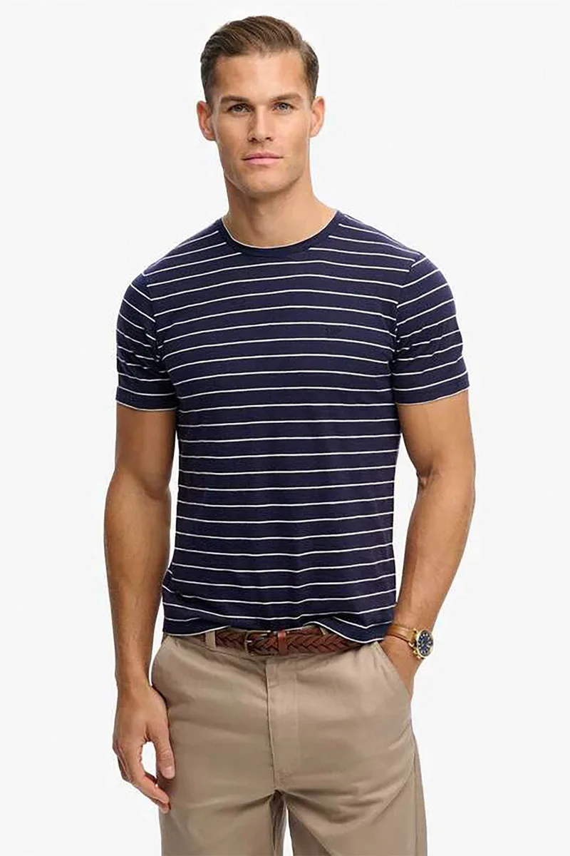Superdry ανδρικό T-shirt με ριγέ σχέδιο και κεντημένο λογότυπο Relaxed Fit "Classic Essential" - M1012346A Μπλε Σκούρο