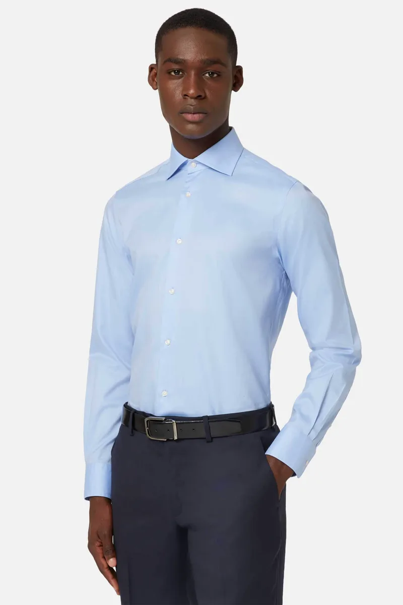 Boggi Milano ανδρικό πουκάμισο twill μονόχρωμο Slim Fit - BO24C005102 Μπλε Ανοιχτό