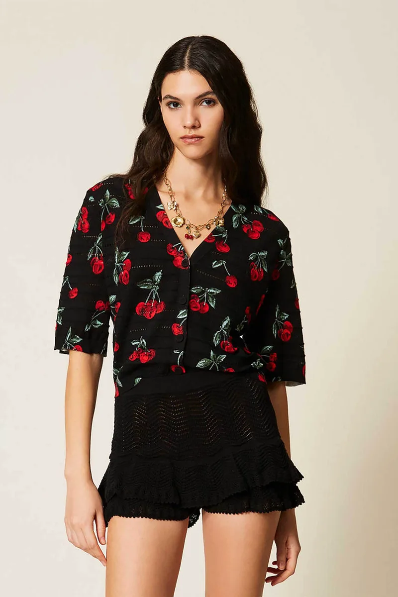 Twinset γυναικεία πλεκτή ζακέτα με cherry print - 261TT3270 Μαύρο