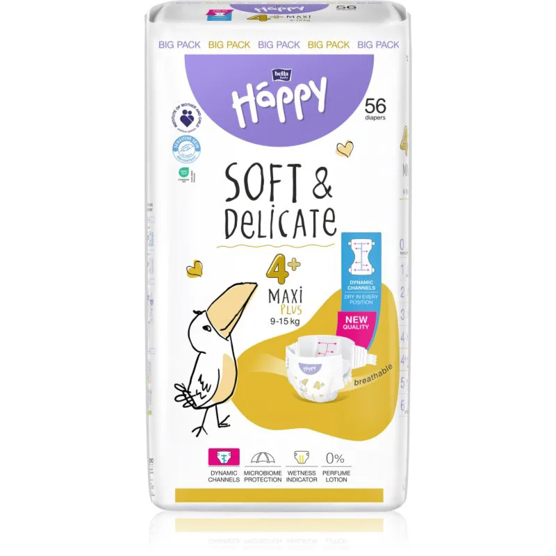 BELLA Baby Happy Soft&Delicate πάνες μίας χρήσης με κανάλια Maxi Plus 9-15 kg 56 τμχ