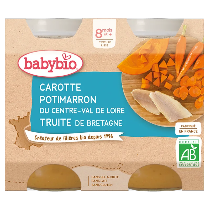 Babybio Midi Jars - 8 + months - Carrot, Pumpkin, Trout - ORGANIC 2X200G