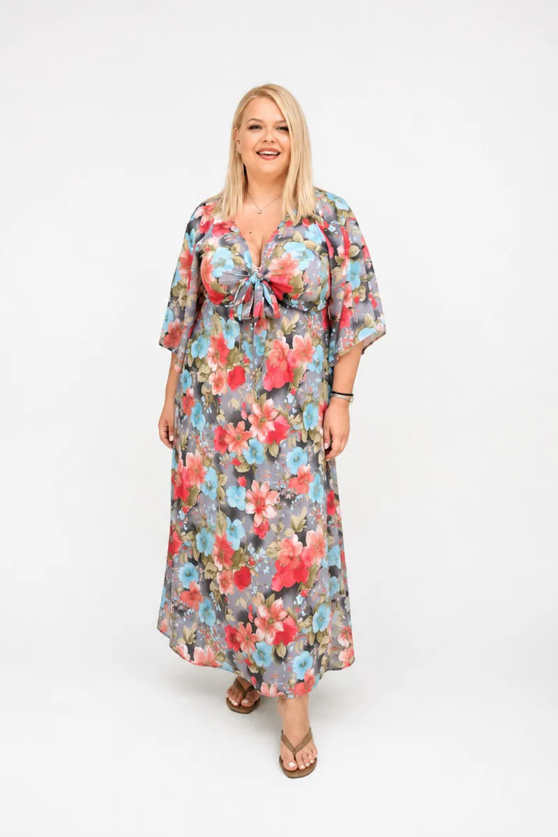 Φόρεμα floral με δέσιμο μπροστά σε κοραλλί χρώμα plus size