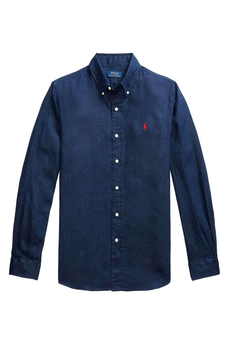 RALPH LAUREN ΠΟΥΚΑΜΙΣΟ BUTTON DOWN ΛΙΝΟ CUSTOM FIT LOGO ΜΠΛΕ