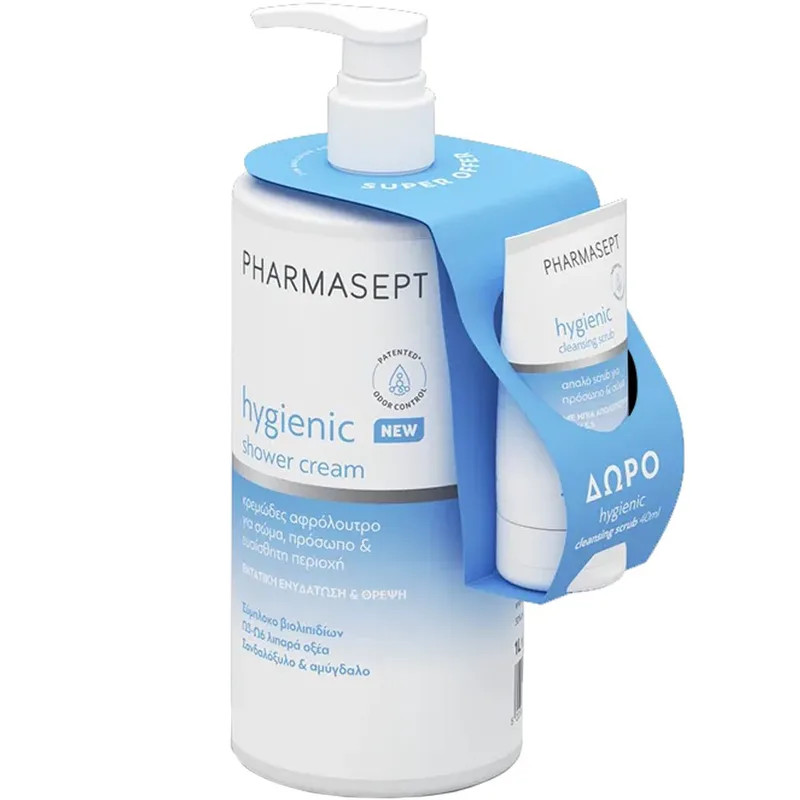 Pharmasept Promo Hygienic Shower Cream 1L & Δώρο Body & Face Cleansing Scrub 40ml Κρεμώδες Αφρόλουτρο Καθημερινής Χρήσης για Σώμα, Πρόσωπο & Ευαίσθητη Περιοχή με Αντλία & Ήπιο & Απαλό Καθαριστικό