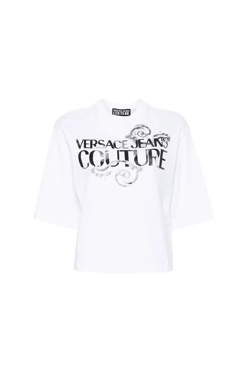 Versace Jeans Couture γυναικείο T-shirt μονόχρωμο βαμβακερό με contrast logo και Baroque print - 76HAHG01CJ00G Λευκό