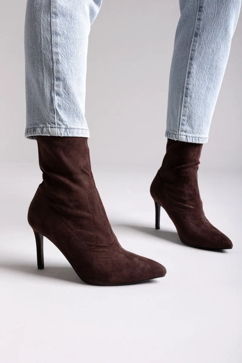 ERYNN Pointed Suede Stretch Ankle Boots - M-822 - Brown Suede