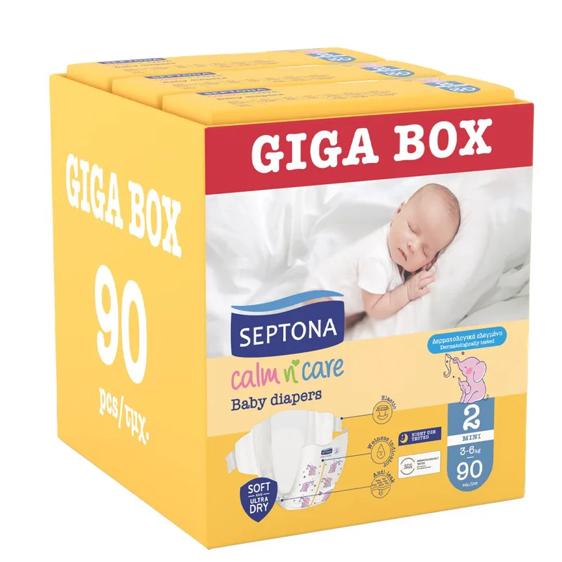 Septona Calm n' Care Baby Diapers Giga Box Mini No2 (3-6kg) 90 Τεμάχια (3x30 Τεμάχια)
