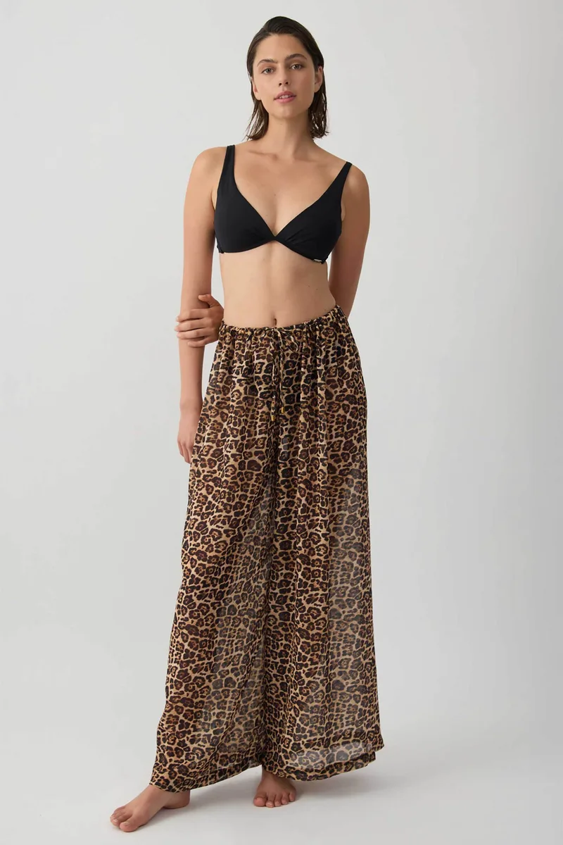 Minerva γυναικεία παντελόνα με ημιδιαφάνεια και leopard print - 96-53326-000-353 Καφέ