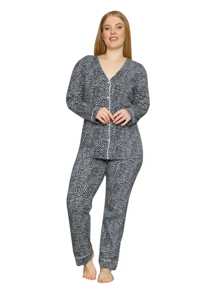 Πιτζάμα γυναικεία Plus Size με κουμπιά Blue Party 75002