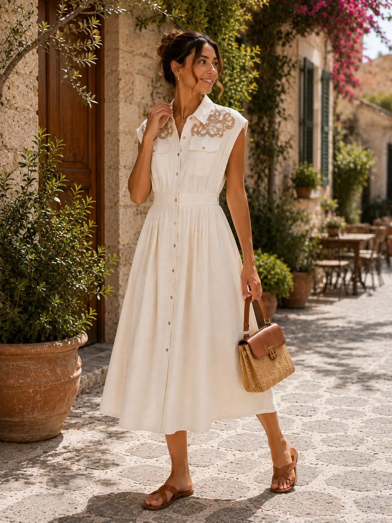 Λινό Midi Φόρεμα με Κουμπιά & Κέντημα – Εκρού | Dress Up Εκρού