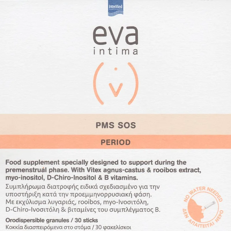 Eva Intima Period PMS SOS Συμπλήρωμα Διατροφής Βιταμινών Συμπλέγματος Β, Εκχυλίσματος Λυγαριάς & Τσαγιού Rooibos για Υποστήριξη Κατά την Προεμμηνορρυσιακής Φάσης με Γεύση Βερίκοκο 30 Sachets