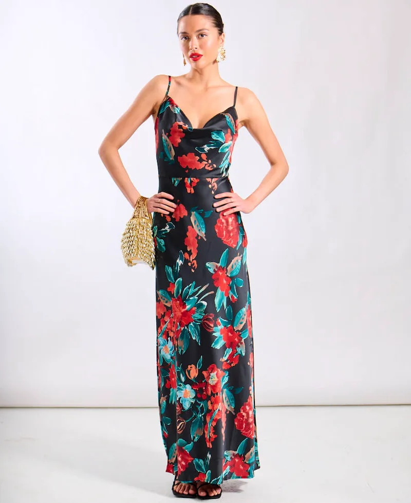 Red Floral Cowl Neck Satin Maxi Dress | Size: 14