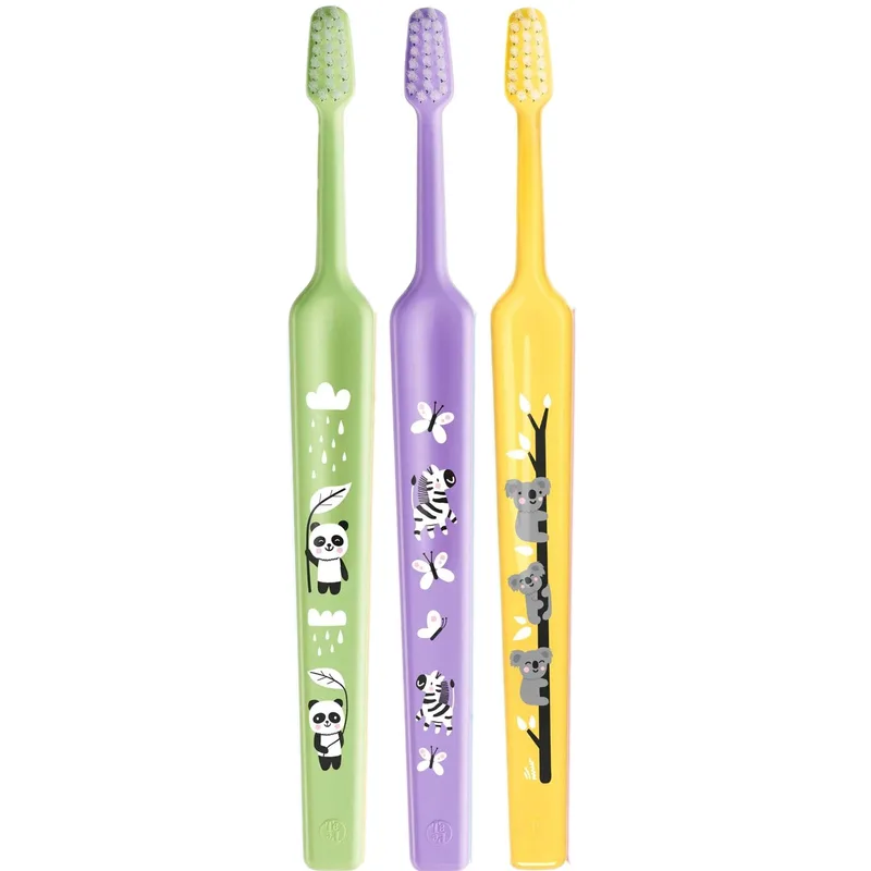 TePe Mini Extra Soft 0-6 Years Toothbrush Παιδική Οδοντόβουρτσα με Κωνική Κεφαλή & Πολύ Μαλακές Αποστρογγυλεμένες Ίνες 3 Τεμάχια - Λαχανί / Λιλά / Κίτρινο