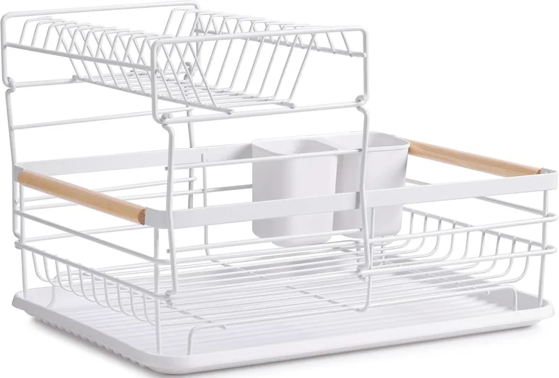 Navaris 2 Tier Dish Drainer Rack - Πιατοθήκη 2 Επιπέδων / Στραγγιστήρι με Ξύλινες Λαβές - 43 x 32 x 29 cm - White (NAV000011HU005C)