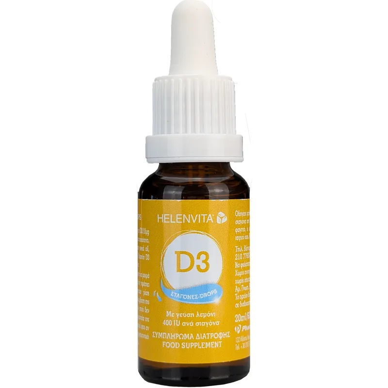 Helenvita Vitamin D3 400IU Drops Συμπλήρωμα Διατροφής Βιταμίνης D3 για τη Φυσιολογική Λειτουργία των Οστών, Δοντιών, Μυών & την Καλή Λειτουργία του Ανοσοποιητικού Συστήματος με Γεύση Λεμόνι 20ml