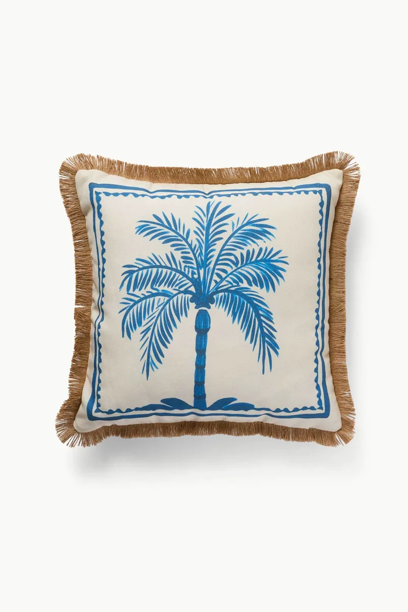 Coincasa διακοσμητικό μαξιλάρι με palm print και κρόσσια 45 x 45 cm - 006813280 Λευκό - Μπλε