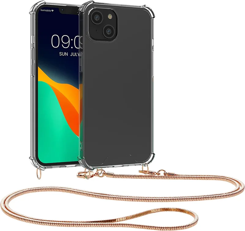 KWmobile Διάφανη Θήκη Σιλικόνης με Μεταλλικό Λουράκι Λαιμού Apple iPhone 14 Plus - Transparent / Rose Χρυσό (59103.81)