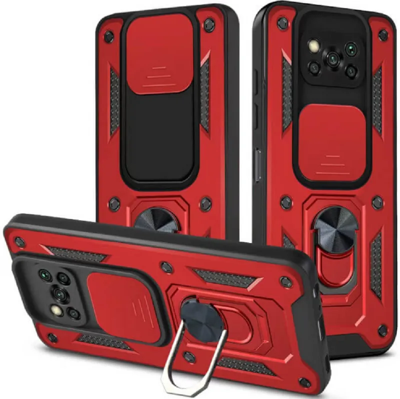 Bodycell Armor Slide - Ανθεκτική Θήκη Xiaomi Poco X3 / X3 Pro / X3 NFC με Κάλυμμα για την Κάμερα & Μεταλλικό Ring Holder - Red (5206015012112)