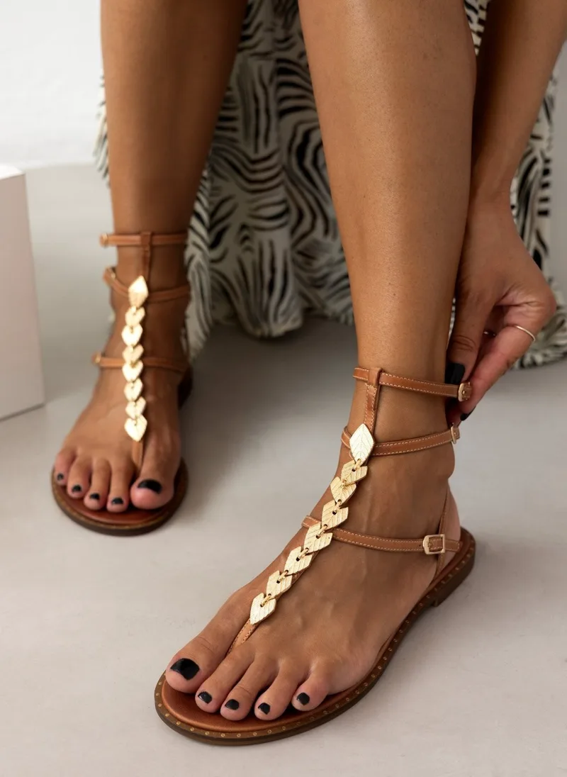 IRIS Leather Sandals Metal Leaves - 24//1 - Tan