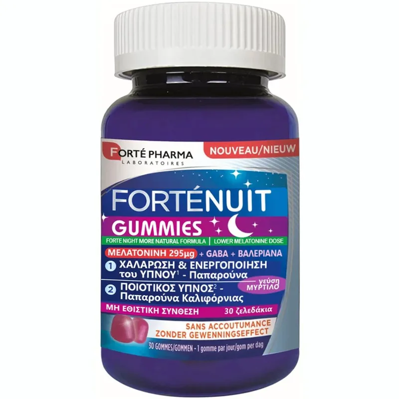 Forte Pharma Forte Nuit Gummies Συμπλήρωμα Διατροφής με Μελατονίνη & Βοτανικά Εκχυλίσματα για Χαλάρωση & Ποιοτικότερο Ύπνο με Διάρκεια με Γεύση Μύρτιλο 30 Ζελεδάκια