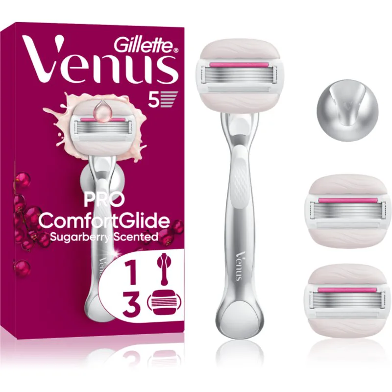 Gillette Venus PRO ComfortGlide Sugarberry γυναικεία ξυριστική μηχανή με στήριγμα για το ντους + ανταλλακτικές λεπίδες 5 τμχ