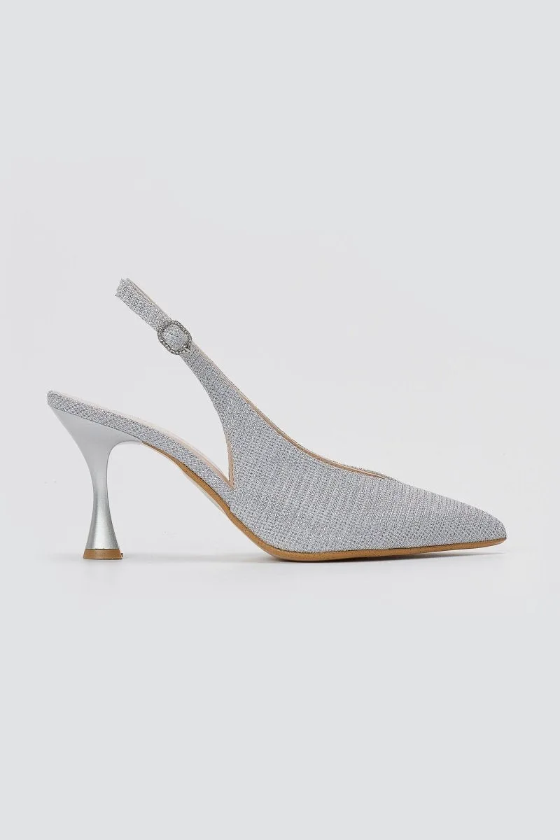 TFP V Cut Slingback Kitten Heel Pumps - 0601 - Silver Lurex