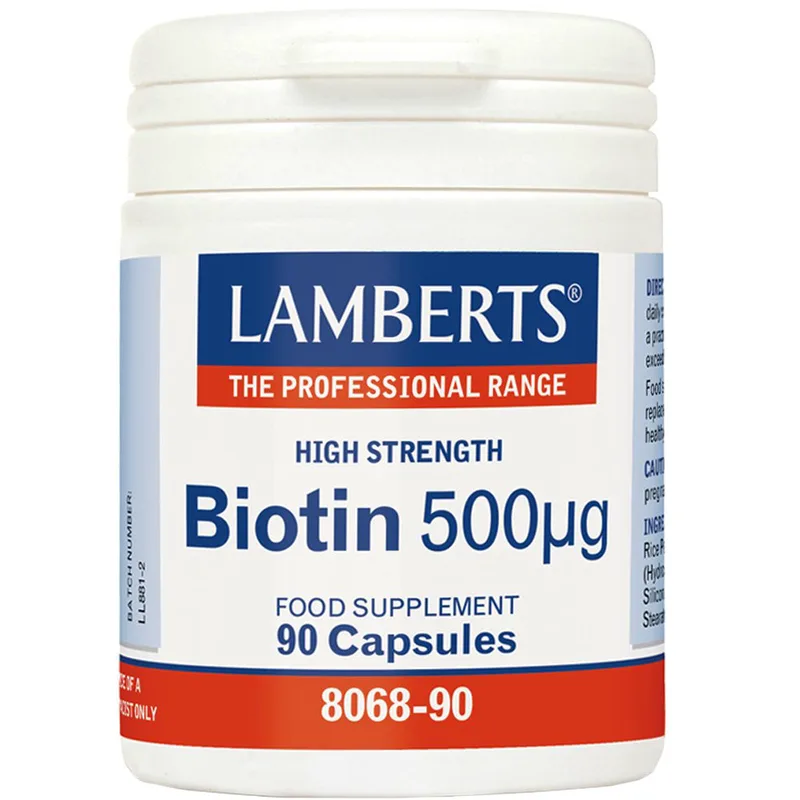 Lamberts Biotin Συμπλήρωμα Διατροφής Βιοτίνης που Συμβάλλει στη Φυσιολογική Λειτουργία του Νευρικού Συστήματος & στην Υγεία των Μαλλιών του Δέρματος & Νυχιών 500mg, 90caps