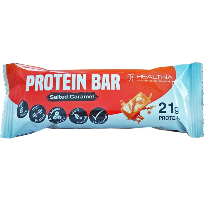 Healthia Protein Bar Μπάρα Δημητριακών Υψηλής Περιεκτικότητας σε Πρωτεΐνη για Ενέργεια με Γεύση Αλατισμένη Καραμέλα & Φυστικοβούτυρο 60g, 1 Τεμάχιο - Salted Caramel