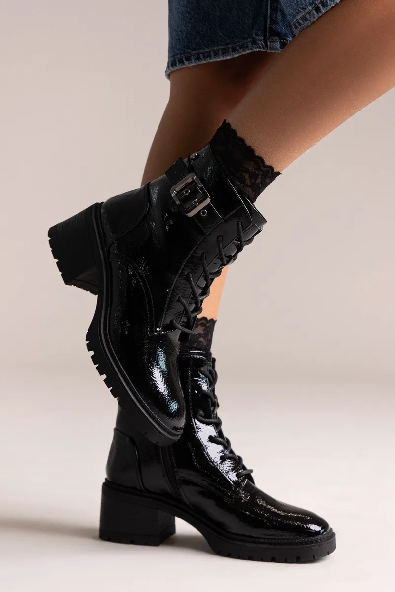 Xti Footwear Combat Boots - 144275 - Black Crinkled Patent