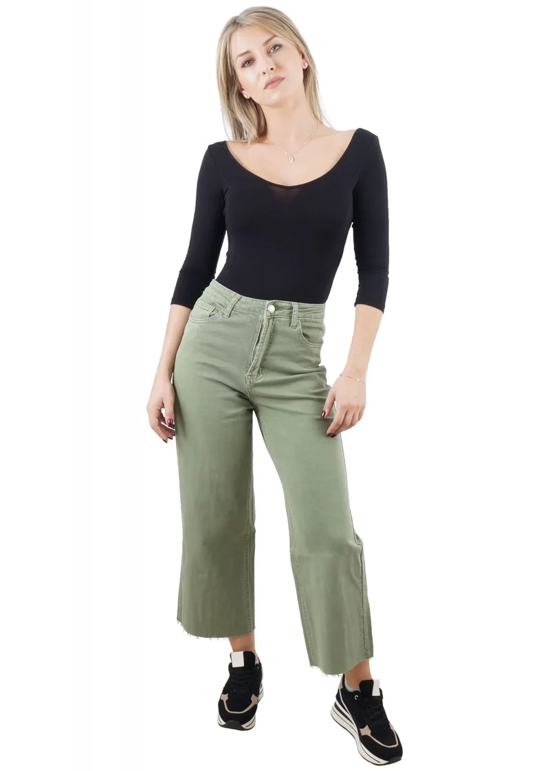 Γυναικείο παντελόνι jean crop Wide Leg . Denim Collection ΧΑΚΙ