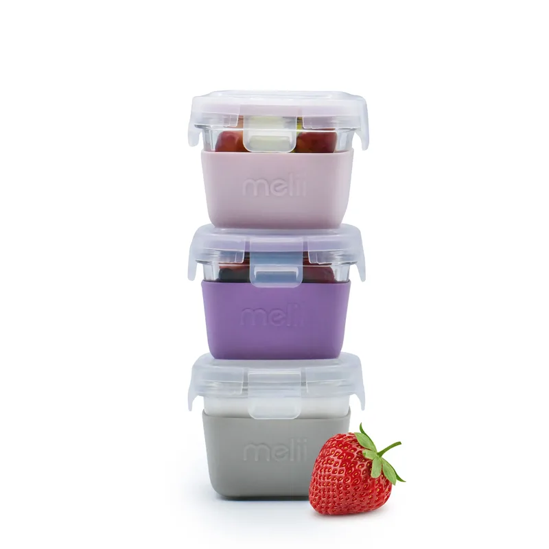 Melii – Glass Containers σε θήκες σιλικόνης (160ml set of 3) – pink,purple,grey