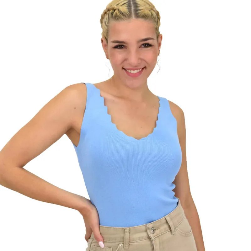 Γυναικείο Ριπ Τοπ με V-Neck κυματιστό ντεκολτέ Γαλάζιο 21115