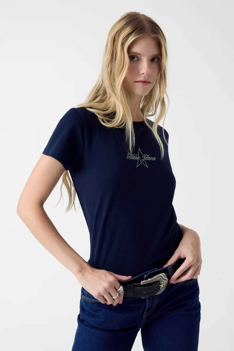 Guess γυναικείο T-shirt με λογότυπο Regular Fit - W6RI18J1314 Μπλε Σκούρο